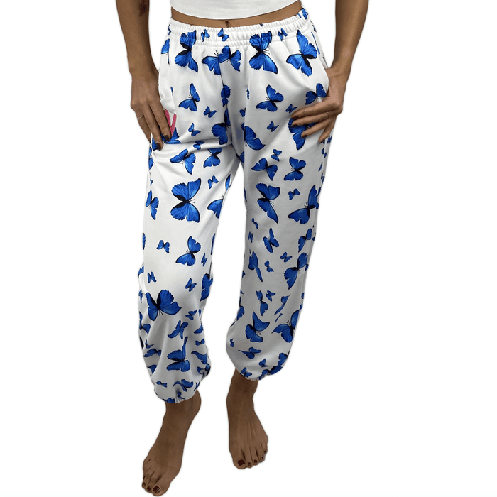 Blue and white butterfly print jogger sweatpants for chilly rave nights
