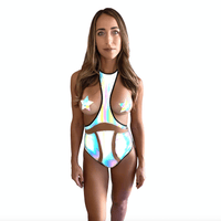 Rainbow reflective peepers open cup bodysuit, showing the color, finish and shape of the design