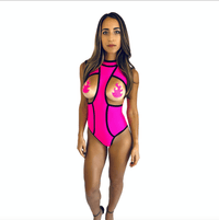 Neon pink blacklight peepers open cup bodysuit in full view with its signature color and shape
