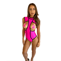 Neon pink blacklight peepers open cup bodysuit, showing the color, finish and shape of the design
