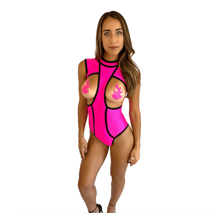 Neon pink blacklight peepers open cup bodysuit, showing the color, finish and shape of the design