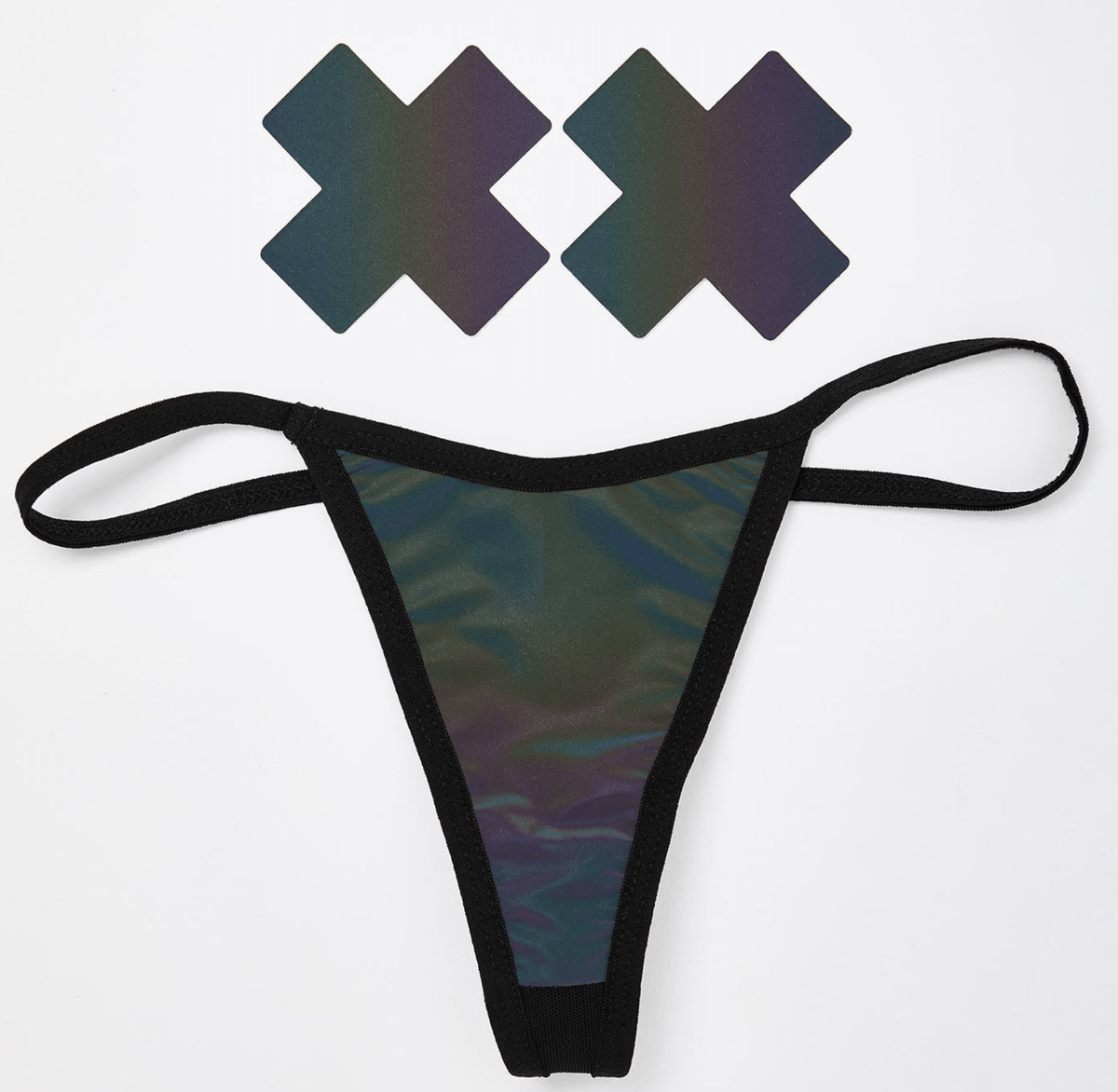 Rainbow reflective pastie and pantie lingerie set shown alone, with multicolor stripes that flash under light