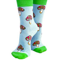 Neon mushroom pattern on blue and green cotton novelty socks