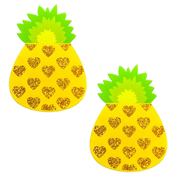 Product view of glitter pineapple nipple pasties highlighting the sparkling glitter finish