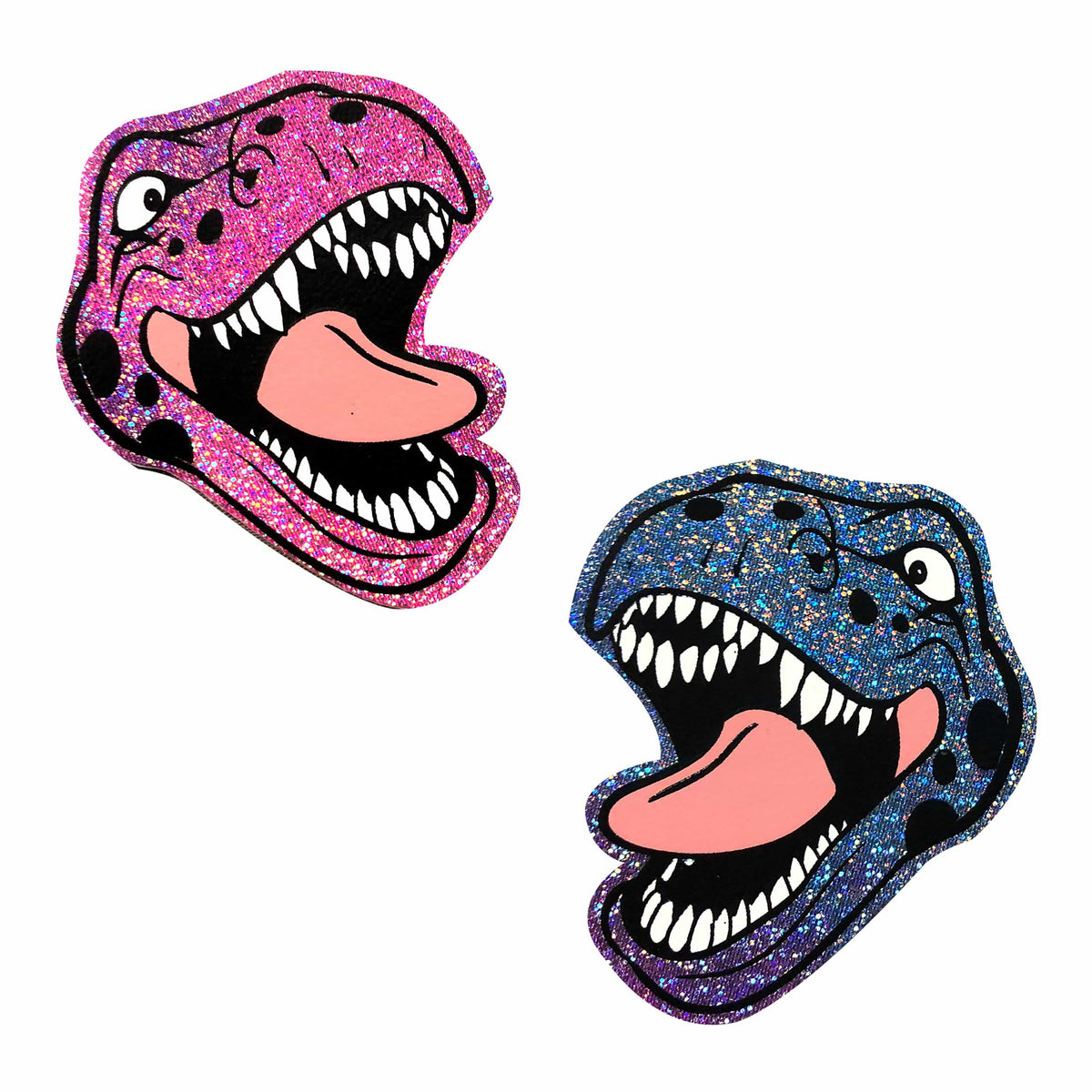 Standalone product shot of the pink blue holographic t rex nipple pasties