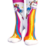 Rainbow unicorn cotton socks laid out to show the colorful pattern