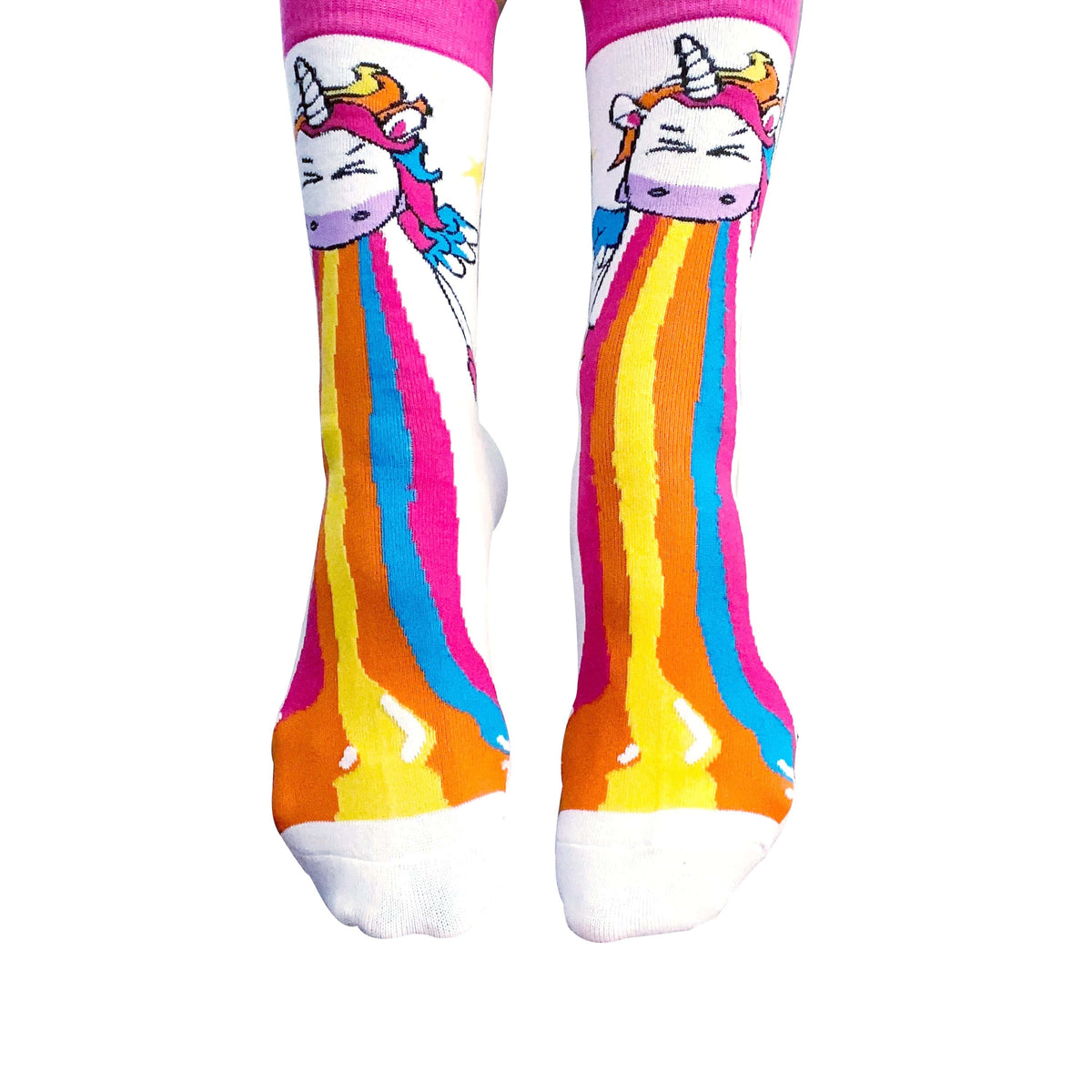 Pair of rainbow unicorn cotton novelty socks with a cute pride vibe