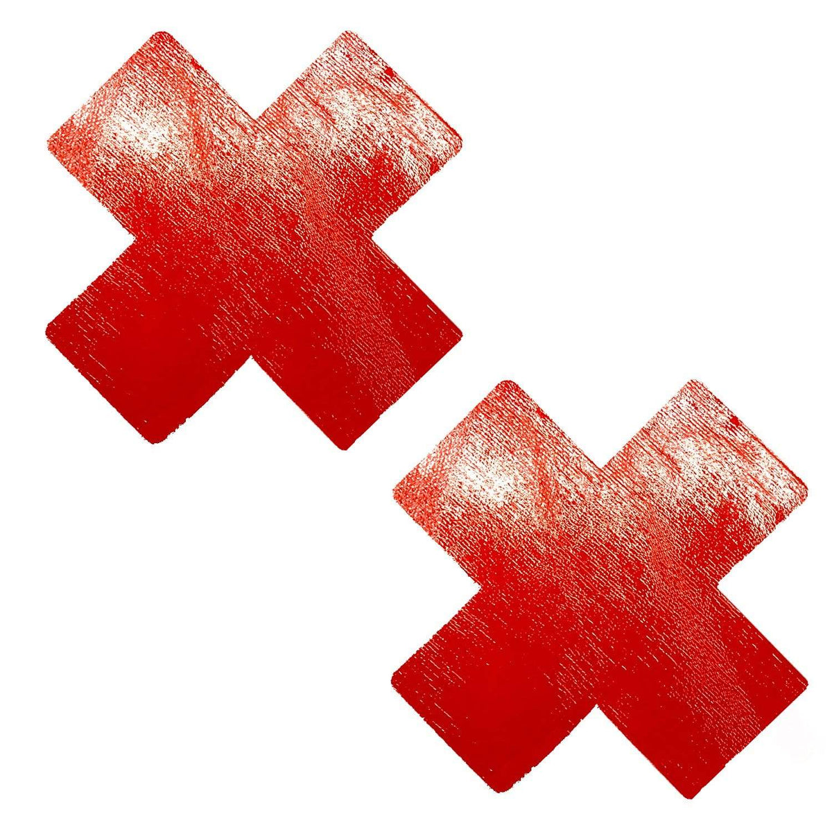 Pair of red wet vinyl X shaped nipple pasties with a glossy finish, shown on their own