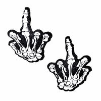 Black glitter middle finger hand shaped nipple pasties with white bone details
