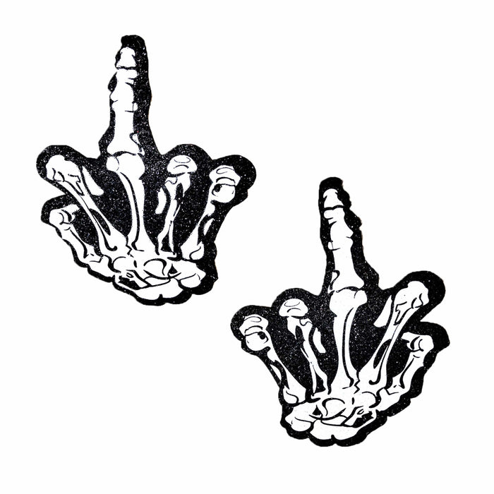 Black glitter middle finger hand shaped nipple pasties with white bone details