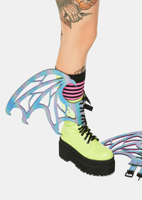 Model wearing the purple iridescent dragon scale boot wings for a fantasy fest