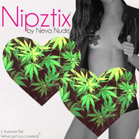 Product view of green weed leaf heart nipple pasties highlighting the colorful printed design