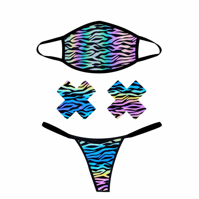 Reflective zebra print face mask with matching pasties and panties set