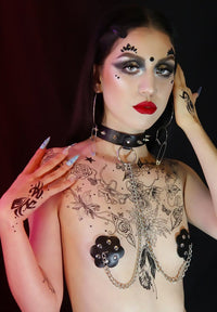 Dark goth styling with black tattoos and crystal accents from the rebel night bundle