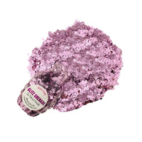 Iridescent lilac body and face glitter gel in a keychain container