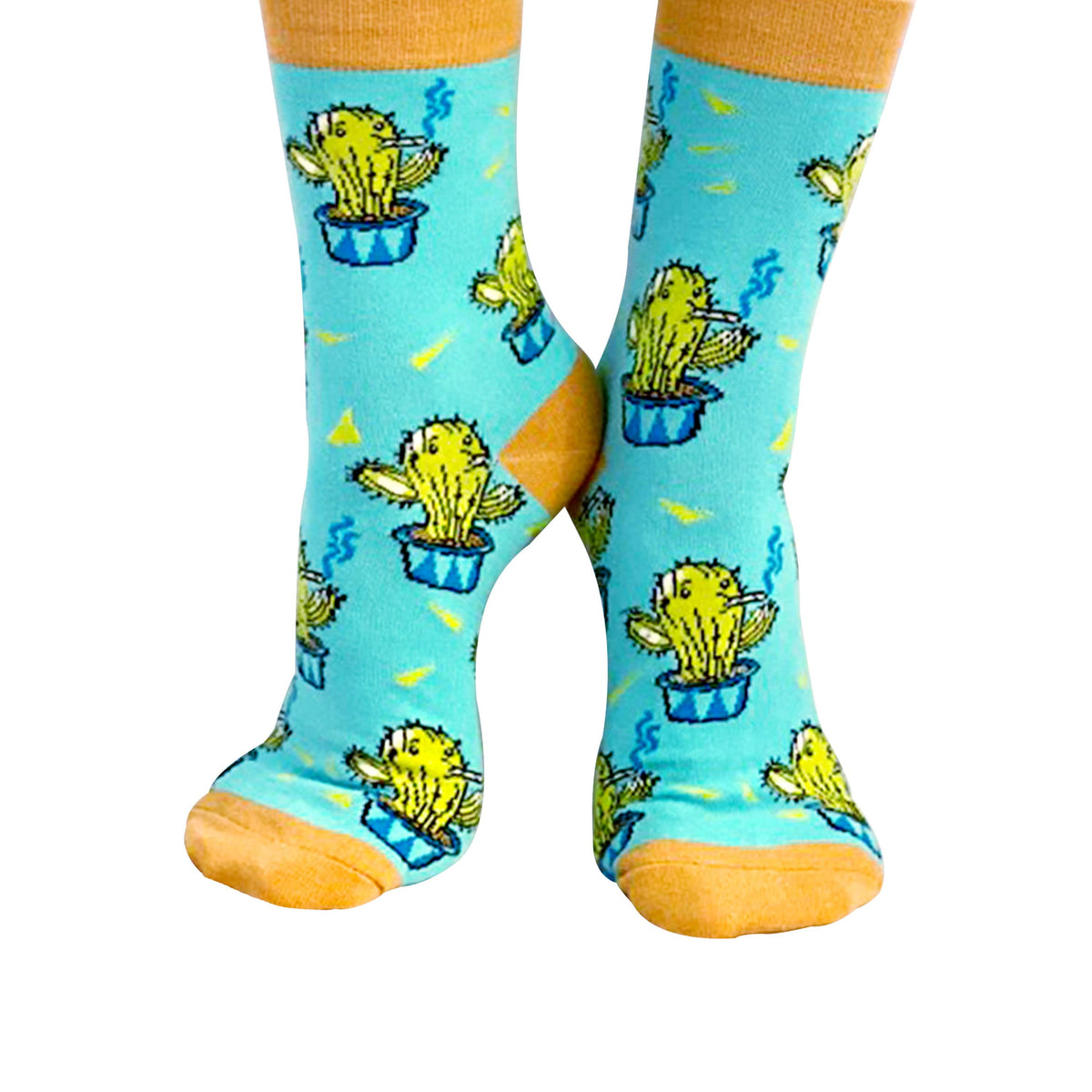 Pair of blue green cactus cotton novelty socks with a desert festival vibe