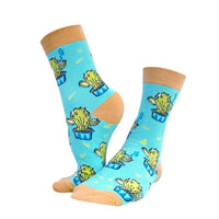 Blue and green cactus pattern cotton socks shown as a fun desert pair